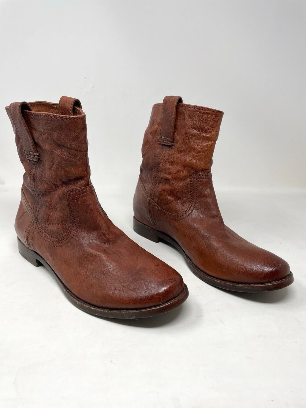 Frye Anna Shortie Ankle Western Rustic Short Fall Boots Cognac Brown womens 8